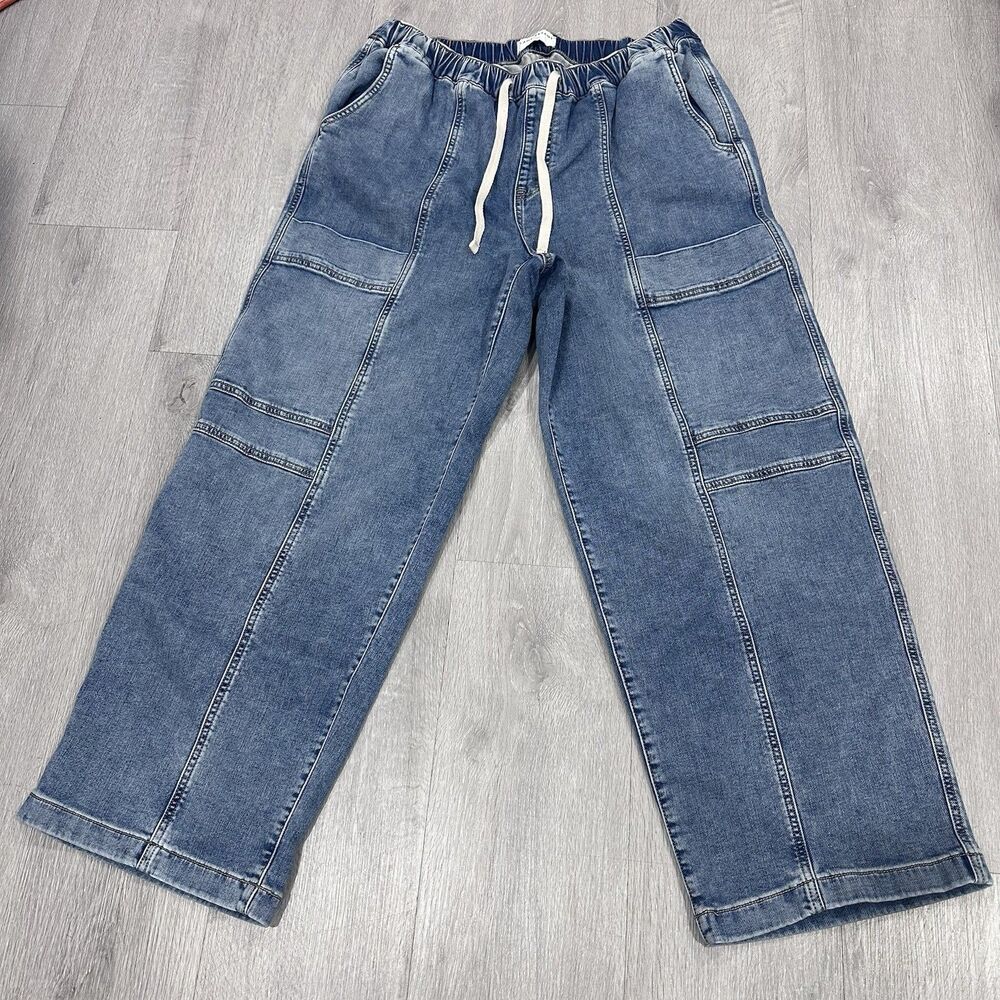 Lane Bryant Pull-On High-Rise Knit Denim Straight Leg Cargo Jean Sz 12